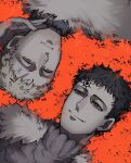  2boys black_clover black_hair blonde_hair closed_eyes closed_mouth facial_mark forehead_mark fur_trim highres julius_novachrono looking_at_another lucius_zogratis lying male_focus multiple_boys on_grass robe runadon1146 short_hair smile 