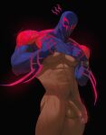  1boy abs arm_blade bara blue_bodysuit bodysuit clothes_lift dark-skinned_male dark_skin frde highres large_pectorals male_focus male_pubic_hair marvel miguel_o&#039;hara muscular muscular_male nipples pectorals penis pubic_hair red_bodysuit shirt_lift skin_tight spider-man:_across_the_spider-verse spider-man_(2099) spider-man_(series) two-tone_bodysuit undressing weapon 