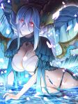  1girl blue_hair braid breasts cleavage fate/grand_order fate_(series) highres horns large_breasts long_hair navel partially_submerged pink_eyes pointy_ears stomach_tattoo sumisumisu81 symbol-shaped_pupils tattoo tiamat_(fate) water 