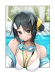  1girl :o arknights bare_shoulders bikini blurry blurry_background border breasts cleavage feather_hair_ornament feathers goggles goggles_around_neck grey_eyes grey_hair hair_bun hair_intakes hair_ornament hair_scrunchie hairclip highres jacket la_pluma_(arknights) looking_at_viewer medium_breasts off_shoulder outside_border pool scrunchie short_hair solo sparkle swimsuit u_no_nijiart upper_body water wet whistle white_bikini white_jacket 