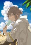  1boy 2girls beach blue_eyes blue_sky character_request cloud cloudy_sky elbow_rest fate/grand_order fate_(series) food fujimaru_ritsuka_(female) grey_hair hair_bun highres holding holding_food holding_popsicle hood hoodie looking_at_viewer male_focus multiple_girls oberon_(fate) ocean outdoors palm_tree popsicle romo827 short_hair single_hair_bun sky smile tree twitter_username upper_body white_hoodie 