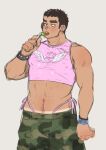  1boy abs absurdres alternate_costume bara black_hair blush bracelet camouflage camouflage_pants candy covered_nipples cropped_shirt dark-skinned_male dark_skin earrings feet_out_of_frame food highres jewelry kim_liong_(shan) lollipop long_sideburns looking_at_viewer male_focus navel navel_hair nipples original panties pants pectorals pink_panties pink_shirt shan_(shanshankuo) shirt short_hair sideburns solo stomach thick_eyebrows toned toned_male tongue tongue_out underwear 