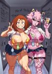  2girls absurdres aged_up animal_print ashido_mina bathroom bikini black_sclera blush_stickers boku_no_hero_academia breasts brown_eyes brown_hair colored_sclera condom fishnets freshnsfw glory_hole gyaru highres huge_breasts leopard_print messy_hair multiple_girls nervous_smile nipple_slip nipples pink_hair smile swimsuit thick_thighs thighs toilet_stall tongue tongue_out unbuttoned uraraka_ochako used_condom v 