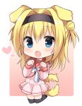  :o absurdres animal_ears black_thighhighs blonde_hair blue_eyes blush border chibi chitose_sana commentary_request dog_ears double_bun eyelashes hair_between_eyes hair_bun hair_intakes hands_up happy heart highres kneeling long_hair long_sleeves looking_at_viewer miniskirt motion_lines open_mouth paw_pose pink_background pink_shirt pink_skirt pleated_skirt red_sailor_collar ribbon sailor_collar school_uniform serafuku shirt skirt tail tail_wagging takepoison tenshinranman thighhighs two_side_up white_border white_ribbon yellow_tail zettai_ryouiki 