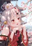  1girl absurdres bare_shoulders bell blush cherry_blossoms fang hair_bell hair_ornament highres hololive horns japanese_clothes kimono mask mask_on_head mei_am0 multicolored_hair nakiri_ayame oni oni_horns open_mouth red_eyes skin-covered_horns solo virtual_youtuber white_hair 