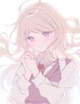  1girl ahoge akamatsu_kaede backpack bag blush collared_shirt danganronpa_(series) danganronpa_v3:_killing_harmony hair_ornament hands_up highres long_hair long_sleeves looking_at_viewer messy_hair musical_note musical_note_hair_ornament necktie own_hands_together pink_eyes pink_vest pote_(pote_39) red_necktie shirt simple_background smile solo vest white_shirt 