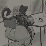  2022 anthro big_breasts big_butt big_eyes bottomwear bra breast_rest breasts butt butt_squish chair cleavage cleavage_overflow clothed clothing curvy_figure dark_body dark_fur domestic_cat felid feline felis female flannel footwear fur furniture hi_res huge_breasts huge_butt inside long_shirt looking_out_window mammal monochrome mouthless oversized_shirt pants piilsud qiqi_(piilsud) shoes signature sitting solo squeezing squish table thick_thighs underwear wide_eyed wide_hips window 
