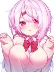 1girl :o blush bow bowtie breasts brown_cardigan cardigan collared_shirt commentary fingernails hair_ornament hair_ribbon hairclip hands_up highres huge_breasts long_hair long_sleeves looking_at_viewer namin_(anjpzaobmhbppxs) nijisanji pink_eyes pink_hair red_bow red_bowtie red_ribbon ribbon shiina_yuika shiina_yuika_(1st_costume) shirt simple_background sleeves_past_wrists solo upper_body white_background white_shirt 