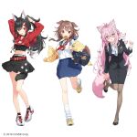  3girls adjusting_footwear animal_ear_fluff animal_ears arm_behind_head bag belt black_hair black_socks blue_skirt bone_hair_ornament braid brown_hair brown_pantyhose casual dog_ears dog_girl full_body hair_ornament hakui_koyori high-waist_skirt high_heels high_ponytail highres hololive id_card inugami_korone kani_biimu long_hair long_sleeves looking_at_viewer multicolored_hair multiple_girls office_lady official_art ookami_mio pantyhose pink_hair red_belt red_hair school_bag school_uniform shirt shoes simple_background skirt socks streaked_hair tail white_background white_belt white_footwear white_shirt white_socks wolf_ears wolf_girl wolf_tail yellow_eyes yellow_footwear 