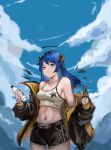  1girl absurdres arknights bangs bare_shoulders black_jacket black_shorts blue_eyes blue_hair blue_nails blue_sky bottle breasts camisole cleavage cloud commentary cowboy_shot crop_top day halo highres holding holding_bottle horns jacket long_hair long_sleeves looking_at_viewer medium_breasts midriff mostima_(arknights) nail_polish navel off_shoulder official_alternate_costume open_clothes open_jacket plum_(sousshiroll) short_shorts shorts sky smile solo spaghetti_strap standing star_(symbol) star_print stomach water_bottle 