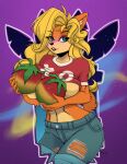  2023 5_fingers activision anthro bandicoot big_breasts black_nose blonde_hair blue_eyes bottomwear breasts clothed clothing convenient_censorship crash_bandicoot_(series) cutoffs denim denim_clothing exposed_breasts female fingers food fruit fur hair hi_res holding_food holding_object humanoid_hands mammal marsupial navel orange_body orange_fur plant shirt_up shorts signature solo tawna_bandicoot torn_bottomwear torn_clothing torn_shorts wumpa_fruit yawg 