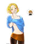  1boy 1girl big_egg526 black_pants blonde_hair blue_shirt blush breasts clothes_lift green_eyes guilty_challenge_(meme) hair_ornament highres link long_hair medium_breasts meme navel pants pointy_ears princess_zelda shirt shirt_lift stomach the_legend_of_zelda 