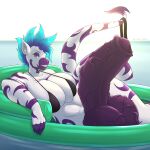  artywitch big_breasts big_penis bikini bottomless breasts clothed clothing equid equine genitals hi_res huge_breasts huge_penis intersex mammal penis pool_float swimwear vein zebra 