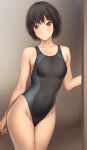  1girl amagami black_hair black_one-piece_swimsuit breasts brown_eyes commentary_request competition_swimsuit covered_navel highleg highleg_swimsuit highres looking_at_viewer nanasaki_ai one-piece_swimsuit serizawa_(serizawaroom) short_hair simple_background small_breasts smile solo swimsuit two-tone_swimsuit 