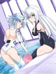  2girls ass bare_shoulders black_heart blue_eyes blue_hair breasts cleavage from_behind gloves highres leotard long_hair looking_at_viewer medium_breasts multiple_girls neptune_(series) power_symbol red_eyes short_hair_with_long_locks sidelocks symbol-shaped_pupils very_long_hair white_hair white_heart zatsu 