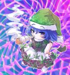  1girl :3 black_capelet blush blush_stickers capelet chibi doremy_sweet dream_world_(touhou) dress full_body green_headwear hands_on_own_hips hat highres jitome looking_at_viewer marijuana nightcap pom_pom_(clothes) purple_eyes purple_hair raised_eyebrows smoking tail tapir_tail touhou two-tone_dress white_footwear wwparasi 