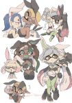  1boy 6+girls alternate_costume animal_ears artist_name big_man_(splatoon) black_footwear black_hair black_leotard blonde_hair blue_hair breasts brown_hair callie_(splatoon) closed_eyes closed_mouth colored_shoe_soles colored_tongue cousins crying crying_with_eyes_open cup detached_collar drinking_glass fake_animal_ears fake_tail flat_chest frye_(splatoon) gradient_hair green_eyes green_hair green_pantyhose green_pasties grey_hair highres holding holding_plate large_breasts leotard male_playboy_bunny manta_ray marie_(splatoon) marina_(splatoon) medium_breasts meme_attire multicolored_hair multiple_girls open_mouth pantyhose pearl_(splatoon) pink_hair pink_pantyhose plate playboy_bunny rabbit_ears rabbit_tail red_eyes reverse_bunnysuit reverse_outfit shiver_(splatoon) shrug_(clothing) simple_background splatoon_(series) strapless strapless_leotard tail tears tentacle_hair white_background white_leotard wine_glass wrist_cuffs yellow_eyes yuritokemo 