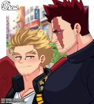  2boys absurdres bara beard black_sweater blue_eyes blush boku_no_hero_academia breast_envy covered_nipples endeavor_(boku_no_hero_academia) facial_hair forked_eyebrows from_side goatee hawks_(boku_no_hero_academia) highres large_pectorals looking_at_pectorals male_focus mature_male meme multiple_boys muscle_envy muscular muscular_male official_alternate_costume pectoral_envy_(meme) pectoral_focus pectorals randrewcv red_hair red_wings scar scar_across_eye scar_on_face short_hair sideburns smile sparkle spiked_hair stubble sweater thick_eyebrows upper_body wings yaoi 