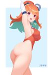  1girl armpits ass blush breasts chef_hat colored_inner_hair earrings feather_earrings feathers green_hair hat highleg highleg_swimsuit hololive hololive_english jdpr jewelry long_hair medium_breasts multicolored_hair multiple_hats one-piece_swimsuit open_mouth orange_hair orange_headwear orange_one-piece_swimsuit purple_eyes smile solo swimsuit takanashi_kiara thighs virtual_youtuber 