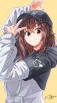  1girl absurdres baseball_cap brown_eyes brown_hair choker goodbye_sengen_(vocaloid) hat highres hololive hood hoodie long_hair long_sleeves looking_at_viewer smile solo tokino_sora tokino_sora_(6th_costume) u_da_desu v virtual_youtuber 