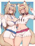  2girls animal_ear_fluff animal_ears blonde_hair blue_brooch blue_eyes blue_hair breasts dog_ears dog_girl fuwawa_abyssgard glasses hair_ornament hairband highres hololive hololive_english large_breasts mococo_abyssgard multicolored_hair multiple_girls pink_eyes pink_hair pink_hairband siblings sisters small_breasts streaked_hair twins variant_set varniskarnis virtual_youtuber 