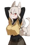  1girl absurdres animal_ear_fluff animal_ears belt black_bodysuit blush bodysuit bodysuit_under_clothes breasts cafe92 commentary dark_skin english_commentary fang fox_ears grey_hair grin highres large_breasts long_hair looking_at_viewer low-tied_long_hair original pleated_skirt shirt simple_background skirt smile solo white_background yellow_shirt 