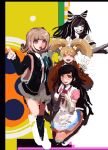  4girls :d :o apron black_hair black_jacket black_sailor_collar black_shirt blonde_hair blunt_bangs brown_hair cat_hair_ornament closed_eyes danganronpa_(series) danganronpa_2:_goodbye_despair grin guitar hair_ornament hand_up happy highres holding holding_microphone instrument jacket long_sleeves looking_at_viewer medium_hair microphone miniskirt mioda_ibuki multicolored_background multicolored_hair multiple_girls mura_hoshi nanami_chiaki neck_ribbon no_hair_ornament open_clothes open_jacket pink_eyes pink_ribbon pink_shirt pleated_skirt puffy_short_sleeves puffy_sleeves ribbon sailor_collar saionji_hiyoko shirt short_sleeves skirt smile teeth tsumiki_mikan twintails two-tone_shirt upper_teeth_only white_apron white_hair white_shirt 