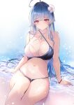  1girl ahoge arm_support azur_lane bikini blush breasts cleavage collarbone criss-cross_halter feet_out_of_frame flower grey_hair hair_flower hair_ornament halterneck helena_(azur_lane) helena_(shimmering_triangle_wave)_(azur_lane) large_breasts looking_at_viewer navel official_alternate_costume pink_eyes sea_nami shallow_water sitting smile solo swimsuit two-tone_bikini water 