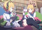  2girls animal_ear_headphones animal_ears aqua_bow aqua_necktie artist_name bean_bag_chair black_footwear black_shorts black_thighhighs blonde_hair blue_archive blurry blurry_background book bookshelf boots bow cat_ear_headphones cellphone collared_shirt english_commentary fake_animal_ears green_eyes hair_bow halo headphones holding holding_book holding_phone indoors ladder library liyom long_sleeves looking_at_another meta midori_(blue_archive) momoi_(blue_archive) multiple_girls necktie off_shoulder open_book open_mouth phone pink_eyes pointing red_bow shirt shorts siblings signature sisters smartphone stepladder sweatdrop thighhighs twins white_shirt wide_sleeves 