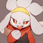  ambiguous_gender anthro brown_background buckteeth generation_8_pokemon half-length_portrait hi_res lagomorph long_ears looking_at_viewer mammal minamo_(pixiv17726065) nintendo pokemon pokemon_(species) portrait raboot red_eyes signature simple_background solo teeth tongue tongue_out 