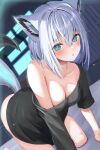  1girl absurdres all_fours animal_ears aqua_eyes breasts cleavage collarbone covered_nipples crossed_bangs fox_ears fox_tail grey_hair hair_between_eyes hanging_breasts highres hololive looking_at_viewer loose_clothes loose_shirt medium_breasts no_bra open_mouth shirakami_fubuki shirt single_bare_shoulder solo tail torakichi_888 virtual_youtuber 