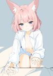  1girl animal_ear_fluff animal_ears blue_archive blue_eyes blush closed_mouth collared_shirt fox_ears highres long_sleeves looking_at_viewer niko_(blue_archive) open_clothes open_shirt panties pink_hair pink_panties shirt short_hair sitting sketch smile solo syhan underwear white_shirt 
