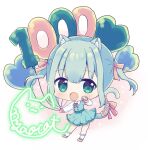  1girl animal_ear_fluff animal_ears aqua_dress balloon blue_hair blush cat_ears cat_tail character_name chibi collared_shirt commentary_request dress green_eyes hair_between_eyes hair_ribbon heart_balloon highres hyogayome_(artist) indie_virtual_youtuber light_blue_hair long_sleeves milestone_celebration neck_ribbon number_balloon nyao_cat open_mouth paw_pose pinafore_dress pink_footwear pink_ribbon raised_eyebrows ribbon shirt sidelocks sleeveless sleeveless_dress socks tail tail_ornament tail_ribbon two_side_up white_shirt white_socks wing_collar 