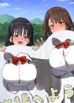  2girls :d black_hair blue_sky bow bowtie bra breasts brown_eyes brown_hair button_gap cloud commentary_request day double_v fang kaisen_chuui large_breasts looking_at_viewer multiple_girls open_mouth original outdoors red_bow red_bowtie school_uniform shirt sky smile underwear v white_shirt 