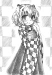  1girl bell book checkered_background checkered_clothes closed_mouth greyscale hair_between_eyes holding holding_book jingle_bell long_sleeves looking_at_viewer monochrome motoori_kosuzu simple_background smile solo standing touhou wide_sleeves yuran_(kuen-hien) 
