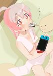  1girl ahoge blonde_hair brown_eyes commentary food highres indian_style kebakebasan long_hair mouth_hold naked_towel nintendo_switch onii-chan_wa_oshimai! oyama_mahiro popsicle sitting solo towel translated 