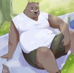  2023 absurd_res anthro bear belly big_belly bottomwear clothing detailed_background en_1_9 hi_res humanoid_hands kemono male mammal overweight overweight_male plant shirt shorts sitting solo topwear tree 