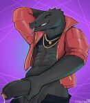  2023 abs anthro big_penis black_body clothed clothing digital_media_(artwork) epic_games exsys foreskin forked_tongue fortnite genitals jewelry male nipples partially_clothed penis red_clothing red_eyes rolled_up_shirt scalie simple_background solo teeth thunder_(fortnite) tongue tongue_out 