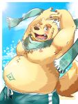  anthro belly bird_dog blush bottomwear canid canine canis clothing cu_sith_(tas) domestic_dog eyebrows fur golden_retriever hi_res hunting_dog itatuki_78 lifewonders male mammal moobs nipples one_eye_closed overweight retriever scarf shorts smile solo swimwear thick_eyebrows tokyo_afterschool_summoners wink yellow_body yellow_fur 