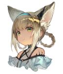  1girl animal_ear_fluff animal_ears arknights artist_name bare_shoulders blonde_hair blue_hairband braid braided_hair_rings closed_mouth colored_tips commentary_request cropped_torso fox_ears fox_girl green_eyes hair_between_eyes hairband highres infection_monitor_(arknights) korean_commentary long_hair looking_at_viewer multicolored_hair oripathy_lesion_(arknights) p_(pm_611a) simple_background smile solo suzuran_(arknights) upper_body white_background white_hair 