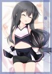  1girl alternate_costume artist_name black_hair black_shorts black_skirt character_name cheerleader closed_eyes clothes_lift cowboy_shot facing_viewer flat_chest hatsushimo_(kancolle) highres inaba_shiki kantai_collection long_hair low-tied_long_hair lying multicolored_shirt open_mouth pleated_skirt shirt shorts shorts_under_skirt skirt skirt_lift sleeveless sleeveless_shirt smile solo 