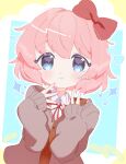  1girl anzen_robo_(474zz) artist_name blue_background blue_eyes blush bow brown_sweater_vest cardigan closed_mouth collared_shirt commentary_request doki_doki_literature_club grey_cardigan hair_between_eyes hair_bow hands_up heart heart_in_eye highres long_sleeves looking_at_viewer neck_ribbon open_cardigan open_clothes pink_hair red_bow red_ribbon ribbon sayori_(doki_doki_literature_club) school_uniform shirt short_hair sidelocks simple_background sleeves_past_wrists solo sparkle sweater_vest symbol_in_eye twitter_username upper_body white_background white_shirt wing_collar yellow_background 