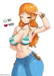  1girl absurdres arm_up armpits bikini bikini_top_only blue_pants bracelet breasts brown_eyes collarbone cowboy_shot elpipe_3000 grin heart highres jewelry large_breasts like_and_retweet log_pose long_hair looking_at_viewer meme nami_(one_piece) narrow_waist navel one_eye_closed one_piece orange_hair pants parted_lips salute shoulder_tattoo simple_background smile solo stomach strap_gap swimsuit tattoo twitter_strip_game_(meme) white_background wide_hips 
