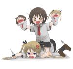  +_+ 2girls anger_vein angry arms_up bags_under_eyes black_ribbon black_socks blonde_hair blue_eyes blush brown_eyes brown_footwear brown_hair clenched_hand collared_shirt commentary_request fighting full_body furrowed_brow girl_on_top hair_ribbon hand_puppet highres holding holding_knife kill_me_baby kneehighs knife loafers long_hair looking_at_another looking_back looking_up loose_hair_strand multiple_girls necktie oribe_yasuna outstretched_arms pleated_skirt puppet red_necktie ribbon sharp_teeth shirt shoe_blade shoes short_hair short_sleeves simple_background skirt smile socks sonya_(kill_me_baby) spread_arms straddling sweat teeth twintails v-shaped_eyebrows white_background white_shirt white_socks yasashii_naizou 