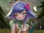  1girl ;) bare_shoulders blue_hair bug butterfly colored_skin flower green_skin hair_flower hair_ornament highres league_of_legends medium_hair neeko_(league_of_legends) one_eye_closed orange_eyes orange_tank_top outdoors parted_lips pink_flower sinsudae smile solo tank_top teeth 