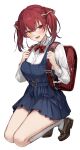  1girl :d absurdres backpack bag belt blue_dress blush breasts brown_footwear commentary_request cosplay dress eto_sister fang full_body heterochromia highres hololive houshou_marine indie_virtual_youtuber kneehighs kneeling loafers looking_at_viewer pleated_dress randoseru red_eyes red_hair school_bag shigure_ui_(vtuber) shigure_ui_(vtuber)_(cosplay) shirt shoes simple_background skin_fang smile socks twintails virtual_youtuber white_background white_shirt white_socks yellow_eyes 