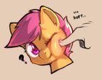  2023 cold-blooded-twilight disembodied_head equid equine face_squish female friendship_is_magic fur hasbro horse mammal my_little_pony one_eye_obstructed orange_body orange_fur poking pony question_mark scootaloo_(mlp) solo_focus squish 