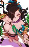  1girl aduti_momoyama bead_necklace beads breasts brown_eyes brown_hair cleavage dynamic_pose fighting_stance fire_emblem fire_emblem_fates fire_emblem_heroes foreshortening hair_over_one_eye highres holding holding_weapon jewelry kagero_(fire_emblem) kagero_(winds_offered)_(fire_emblem) large_breasts long_hair looking_at_viewer necklace ninja official_alternate_costume perspective ponytail solo weapon white_background 