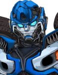  autobot blue_eyes frown looking_at_viewer mecha mirage_(transformers) portrait robot solo tanaki_bouei transformers transformers:_rise_of_the_beasts transformers_(live_action) wheel white_background 
