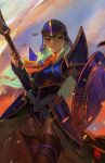  1girl armor black_thighhighs blue_armor blue_eyes breastplate commission daniel_deng detached_sleeves fire_emblem fire_emblem:_radiant_dawn green_eyes green_hair helmet highres holding holding_polearm holding_shield holding_weapon light_green_hair long_hair looking_at_viewer nephenee_(fire_emblem) pauldrons polearm serious shield shoulder_armor simple_background skirt solo spear thighhighs weapon zettai_ryouiki 